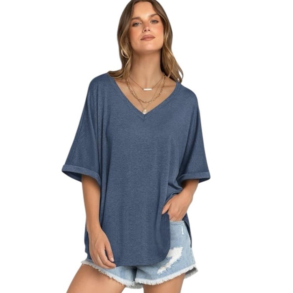 NWT UEU Womens Oversized Blue V Neck Casual Shirts Short Sleeve, 2XL - Picture 2 of 7